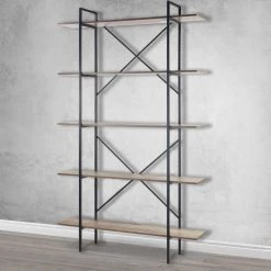 August 84.75 in. Light Brown Weathered Oak Particle Board 5- -Shelf Modern Etagere Bookcase with Metal Frame by Glamour Home -Kahomvis Sales Store weathered oak glamour home bookcases bookshelves ghdsv 1462 31 1000