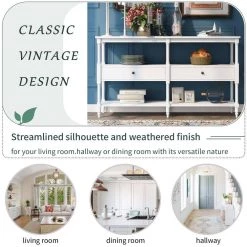57 in. White Distressed Standard Rectangle Wood Console Table with Open Storage Shelf and Drawers by Kahomvis -Kahomvis Sales Store white distressed finish kahomvis console tables tre lkwf 19aak 1f 1000