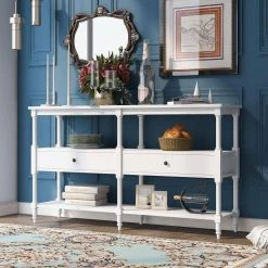 57 in. White Distressed Standard Rectangle Wood Console Table with Open Storage Shelf and Drawers by Kahomvis -Kahomvis Sales Store white distressed finish kahomvis console tables tre lkwf 19aak 31 1000