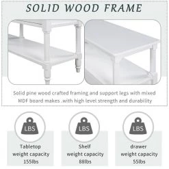 57 in. White Distressed Standard Rectangle Wood Console Table with Open Storage Shelf and Drawers by Kahomvis -Kahomvis Sales Store white distressed finish kahomvis console tables tre lkwf 19aak 44 1000