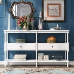 57 in. White Distressed Standard Rectangle Wood Console Table with Open Storage Shelf and Drawers by Kahomvis -Kahomvis Sales Store white distressed finish kahomvis console tables tre lkwf 19aak 4f 1000