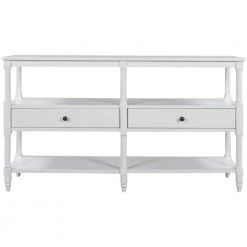 57 in. White Distressed Standard Rectangle Wood Console Table with Open Storage Shelf and Drawers by Kahomvis