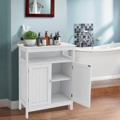 White Wood Storage Cabinet with Double Doors, Bathroom Freestanding Floor Cabinet by Kahomvis -Kahomvis Sales Store white kahomvis accent cabinets cyh lkw2 5278 31 1000