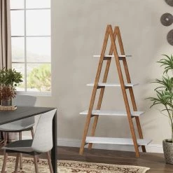 54 in. White Wood 4 Shelf Ladder Bookcase with "A" Shape Construction, Solid Bamboo Wood Living Room Display Stand by Kahomvis -Kahomvis Sales Store white kahomvis bookcases bookshelves cyh lkw2 2283 31 1000