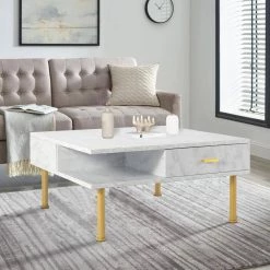 31.5 in. White Square Wood Coffee Table with 2 Drawers and Open Storage Shelf by Kahomvis -Kahomvis Sales Store white kahomvis coffee tables rys lkw2 948 31 1000