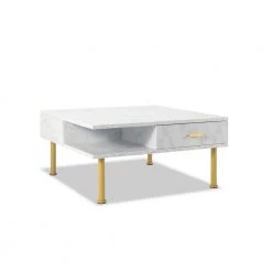 31.5 in. White Square Wood Coffee Table with 2 Drawers and Open Storage Shelf by Kahomvis