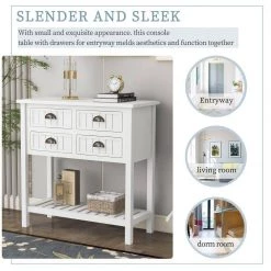 31.7 in. White Standard Rectangle Wood Console Table with Bottom Shelf and Storage Drawers by Kahomvis -Kahomvis Sales Store white kahomvis console tables tre lkwf 62aak 4f 1000