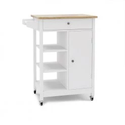 White / Natural Kitchen Cart with Towel Rack and Rubber Wood Table Top by Kahomvis -Kahomvis Sales Store white kahomvis kitchen carts cyh lkw2 5382 c3 1000
