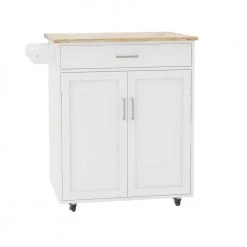 White / Natural Kitchen Cart with Rubber Wood Table Top and Towel Rack by Kahomvis -Kahomvis Sales Store white kahomvis kitchen carts cyh lkw2 5386 31 1000