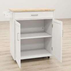 White / Natural Kitchen Cart with Rubber Wood Table Top and Towel Rack by Kahomvis -Kahomvis Sales Store white kahomvis kitchen carts cyh lkw2 5386 4f 1000