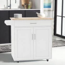 White / Natural Kitchen Cart with Rubber Wood Table Top and Towel Rack by Kahomvis