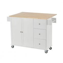 White Rolling Mobile Kitchen Island with Solid Wood Top, Drop Leaf and Storage Cabinet by Kahomvis -Kahomvis Sales Store white kahomvis kitchen islands kk lkwf 5aaw 31 1000