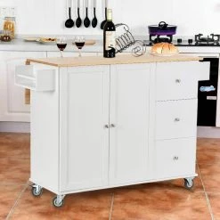 White Rolling Mobile Kitchen Island with Solid Wood Top, Drop Leaf and Storage Cabinet by Kahomvis