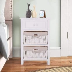 1-Drawer White End Table Nightstand with 2 Removable Storage Baskets (24.8"H x 15.7"W x 11.8"D) by Kahomvis 19 1-Drawer White End Table Nightstand with 2 Removable Storage Baskets (24.8"H x 15.7"W x 11.8"D) by Kahomvis -Kahomvis Sales Store white kahomvis nightstands bss lkw1 1565 31 1000