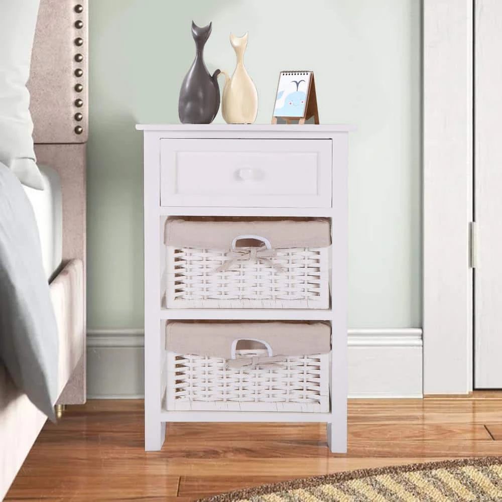 1-Drawer White End Table Nightstand with 2 Removable Storage Baskets (24.8"H x 15.7"W x 11.8"D) by Kahomvis 10 1-Drawer White End Table Nightstand with 2 Removable Storage Baskets (24.8"H x 15.7"W x 11.8"D) by Kahomvis - Image 10