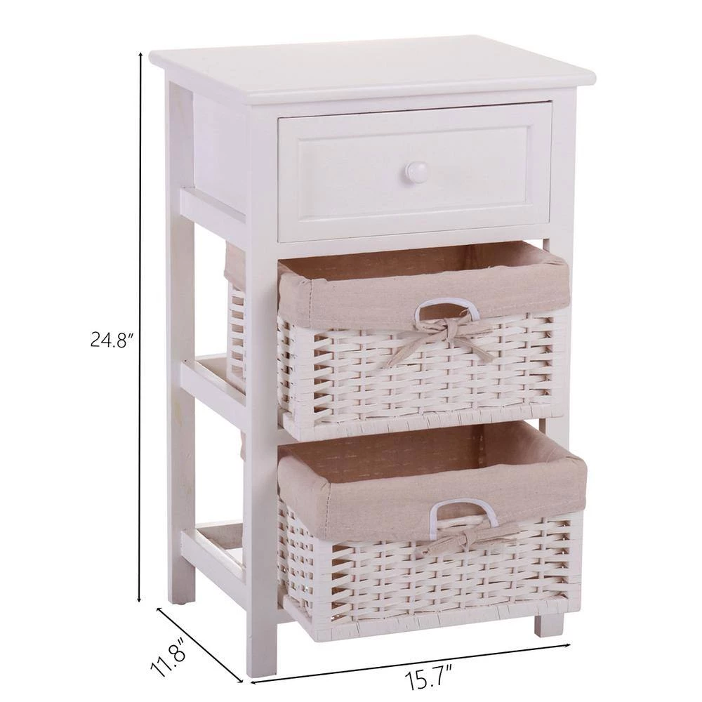 1-Drawer White End Table Nightstand with 2 Removable Storage Baskets (24.8"H x 15.7"W x 11.8"D) by Kahomvis 4 1-Drawer White End Table Nightstand with 2 Removable Storage Baskets (24.8"H x 15.7"W x 11.8"D) by Kahomvis - Image 4