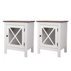 White Wood End Table Nightstand with Glass Door 23.6"H x 18.8"W x 13.7"D (2-Pack) by Kahomvis