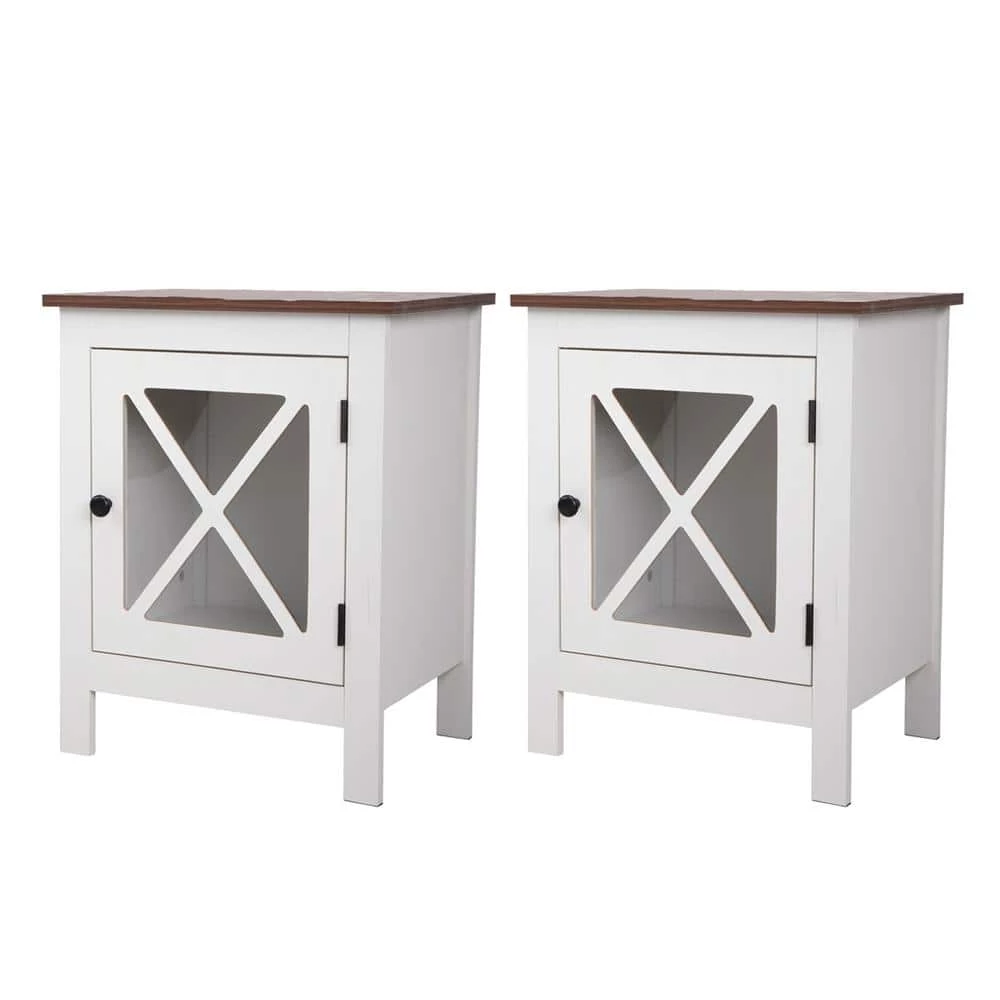 White Wood End Table Nightstand with Glass Door 23.6"H x 18.8"W x 13.7"D (2-Pack) by Kahomvis 1 White Wood End Table Nightstand with Glass Door 23.6"H x 18.8"W x 13.7"D (2-Pack) by Kahomvis