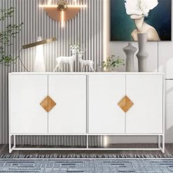 White Double Storage Sideboard with 4 Doors, Bedroom Storage Cabinet with Solid Wood Handle by Kahomvis -Kahomvis Sales Store white kahomvis sideboards buffet tables cyh lkw2 0014 31 1000