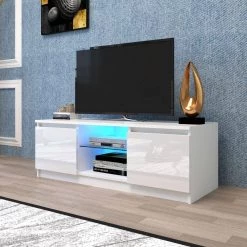 47 in. White TV Stand with 2-Drawers Fits TV's up to 55 in. with LED Lights by Kahomvis -Kahomvis Sales Store white kahomvis tv stands js lkw33 868 1f 1000
