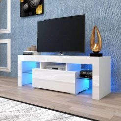 51 in. White TV Stand Fits TV's up to 55 in. with LED RGB Lights by Kahomvis -Kahomvis Sales Store white kahomvis tv stands js lkw33 869 1f 1000