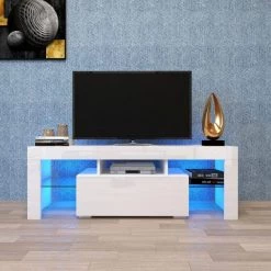51 in. White TV Stand Fits TV's up to 55 in. with LED RGB Lights by Kahomvis -Kahomvis Sales Store white kahomvis tv stands js lkw33 869 31 1000