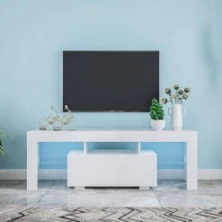 51 in. White TV Stand Fits TV's up to 55 in. with LED RGB Lights by Kahomvis -Kahomvis Sales Store white kahomvis tv stands js lkw33 869 44 1000