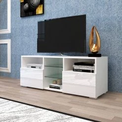 47 in. White TV Stand with 2-Storage Cabinet Fits TV's up to 55 in. with 20-Colors LED Lights by Kahomvis -Kahomvis Sales Store white kahomvis tv stands js lkw33 874 44 1000